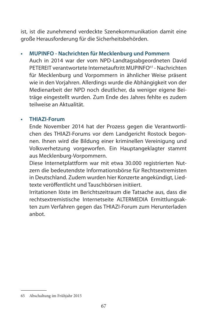 Seite 67 des Verfassungsschutzbericht 2014 Mecklenburg-Vorpommern