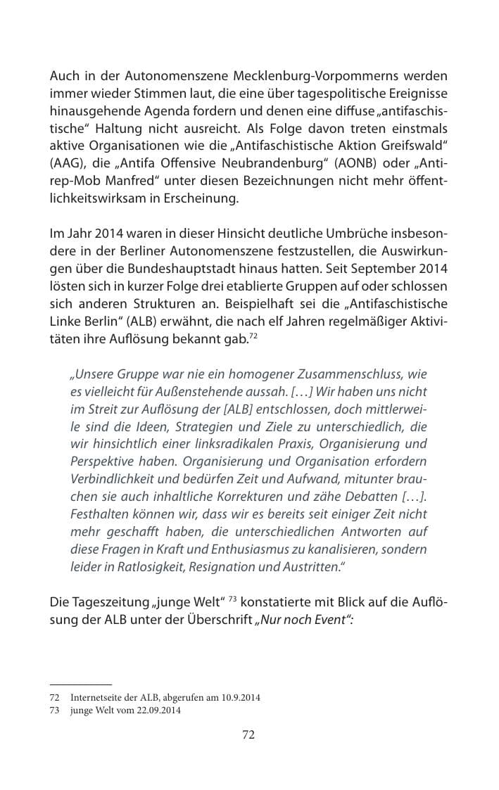 Seite 72 des Verfassungsschutzbericht 2014 Mecklenburg-Vorpommern