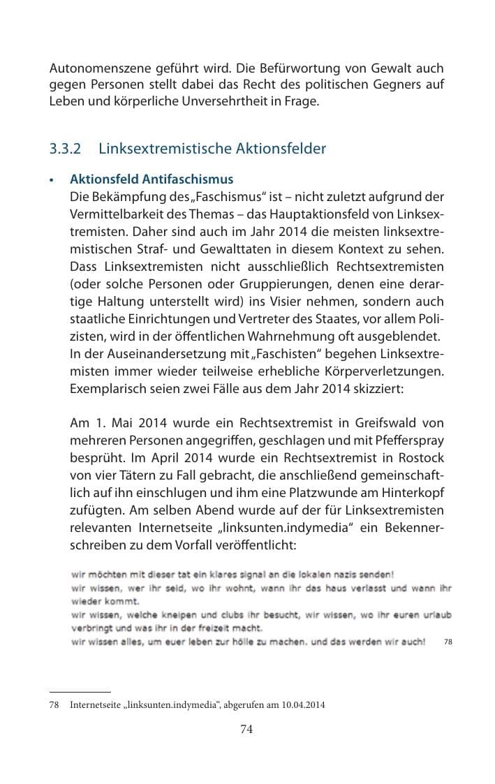 Seite 74 des Verfassungsschutzbericht 2014 Mecklenburg-Vorpommern