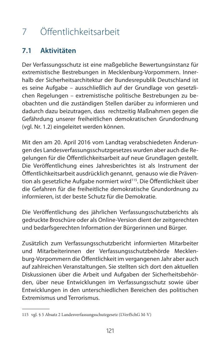Seite 121 des Verfassungsschutzbericht 2015 Mecklenburg-Vorpommern