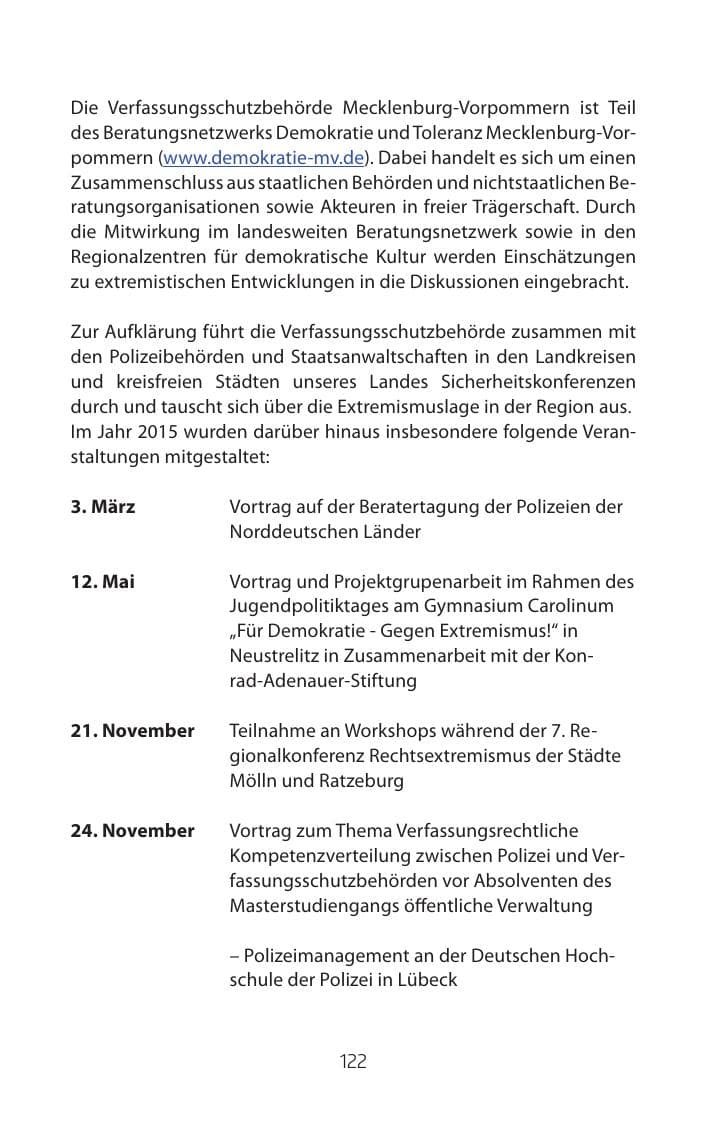 Seite 122 des Verfassungsschutzbericht 2015 Mecklenburg-Vorpommern