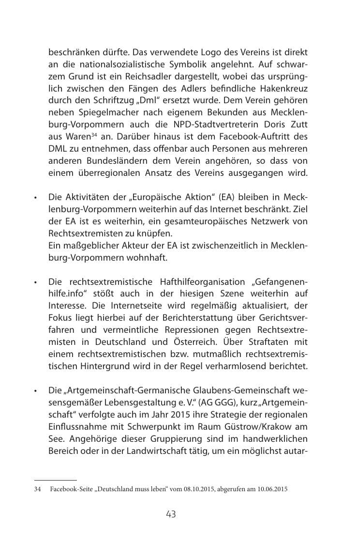 Seite 43 des Verfassungsschutzbericht 2015 Mecklenburg-Vorpommern