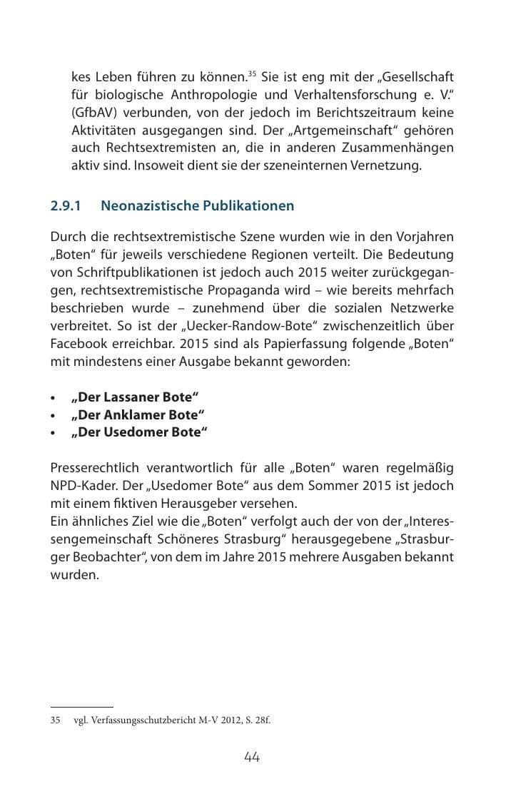 Seite 44 des Verfassungsschutzbericht 2015 Mecklenburg-Vorpommern