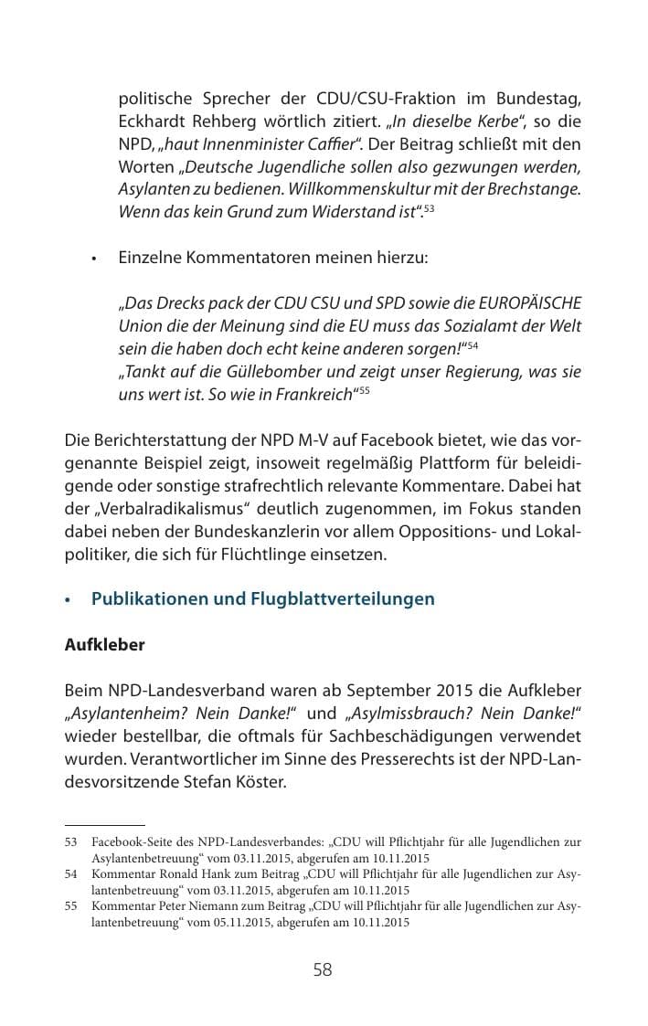 Seite 58 des Verfassungsschutzbericht 2015 Mecklenburg-Vorpommern