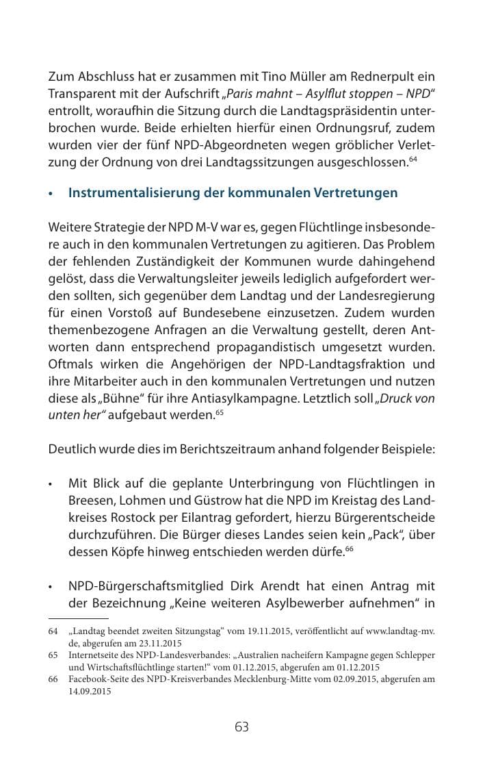 Seite 63 des Verfassungsschutzbericht 2015 Mecklenburg-Vorpommern
