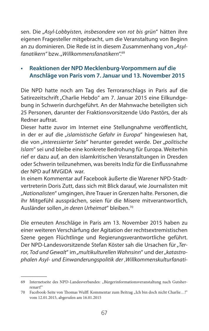 Seite 67 des Verfassungsschutzbericht 2015 Mecklenburg-Vorpommern