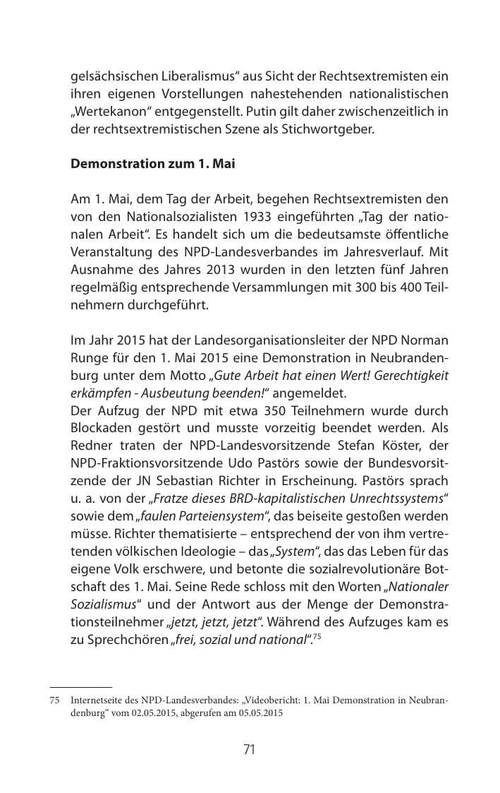 Seite 71 des Verfassungsschutzbericht 2015 Mecklenburg-Vorpommern