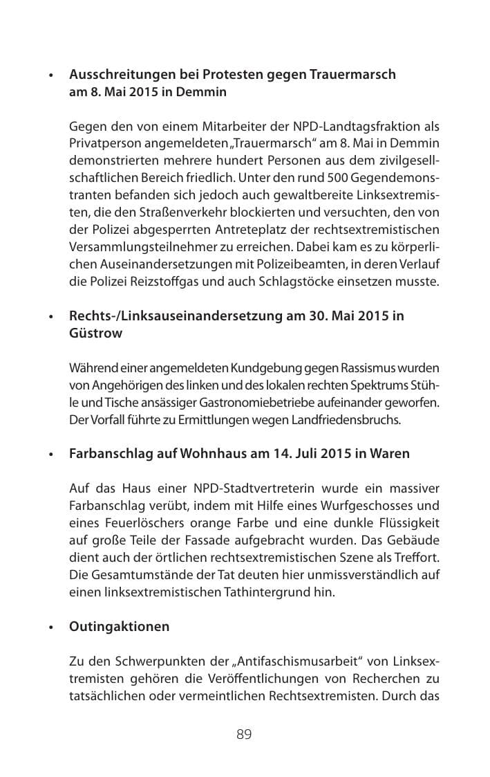 Seite 89 des Verfassungsschutzbericht 2015 Mecklenburg-Vorpommern