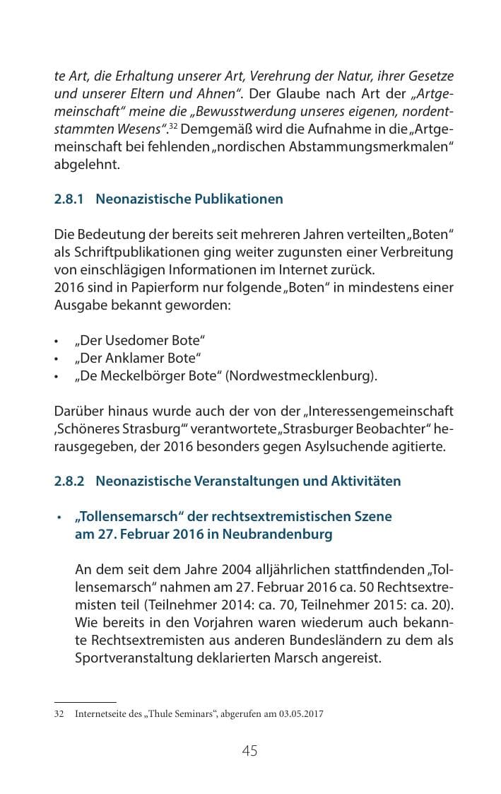Seite 44 des Verfassungsschutzbericht 2016 Mecklenburg-Vorpommern
