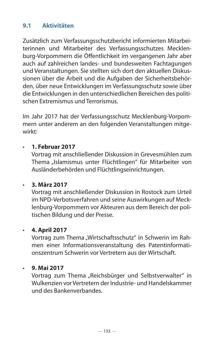Seite 137 des Verfassungsschutzbericht 2017 Mecklenburg-Vorpommern