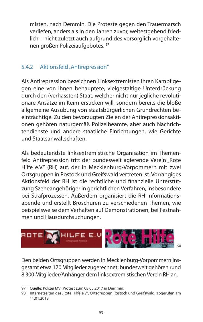 Seite 97 des Verfassungsschutzbericht 2017 Mecklenburg-Vorpommern