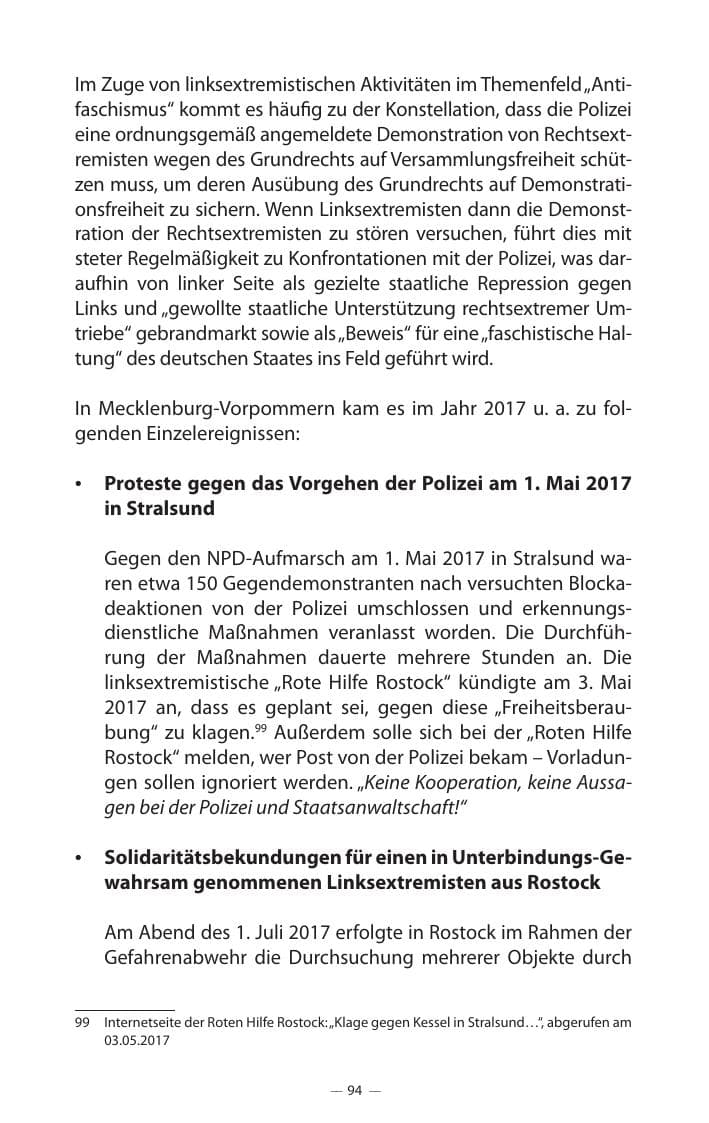 Seite 98 des Verfassungsschutzbericht 2017 Mecklenburg-Vorpommern