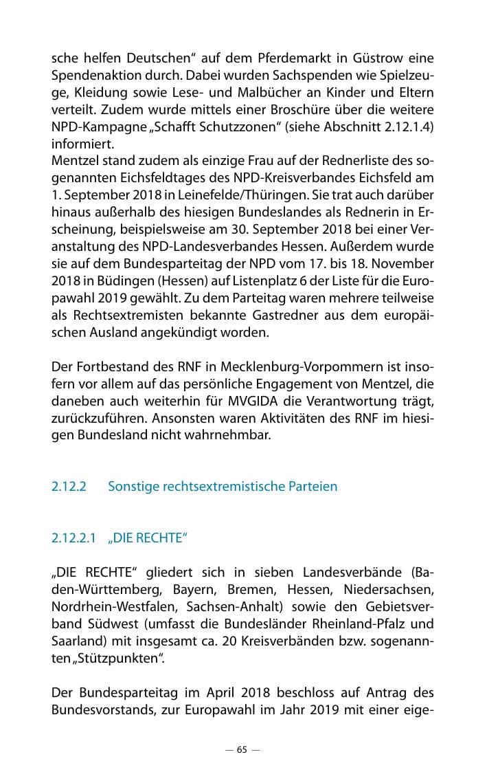 Seite 69 des Verfassungsschutzbericht 2018 Mecklenburg-Vorpommern