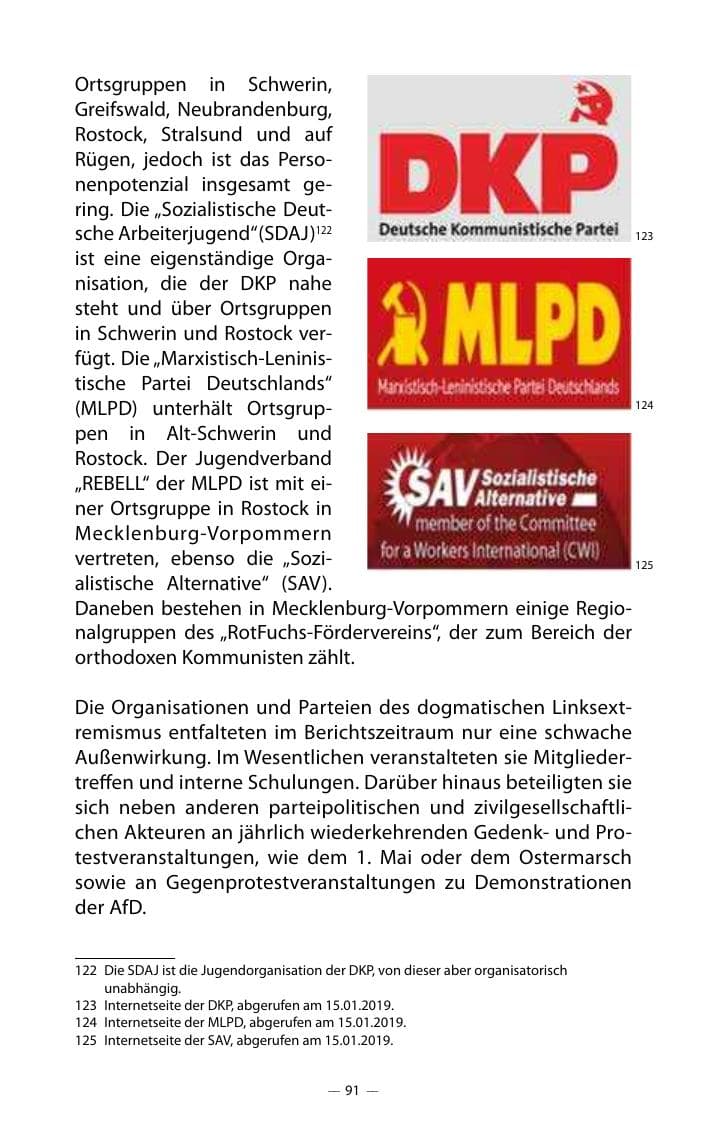 Seite 95 des Verfassungsschutzbericht 2018 Mecklenburg-Vorpommern