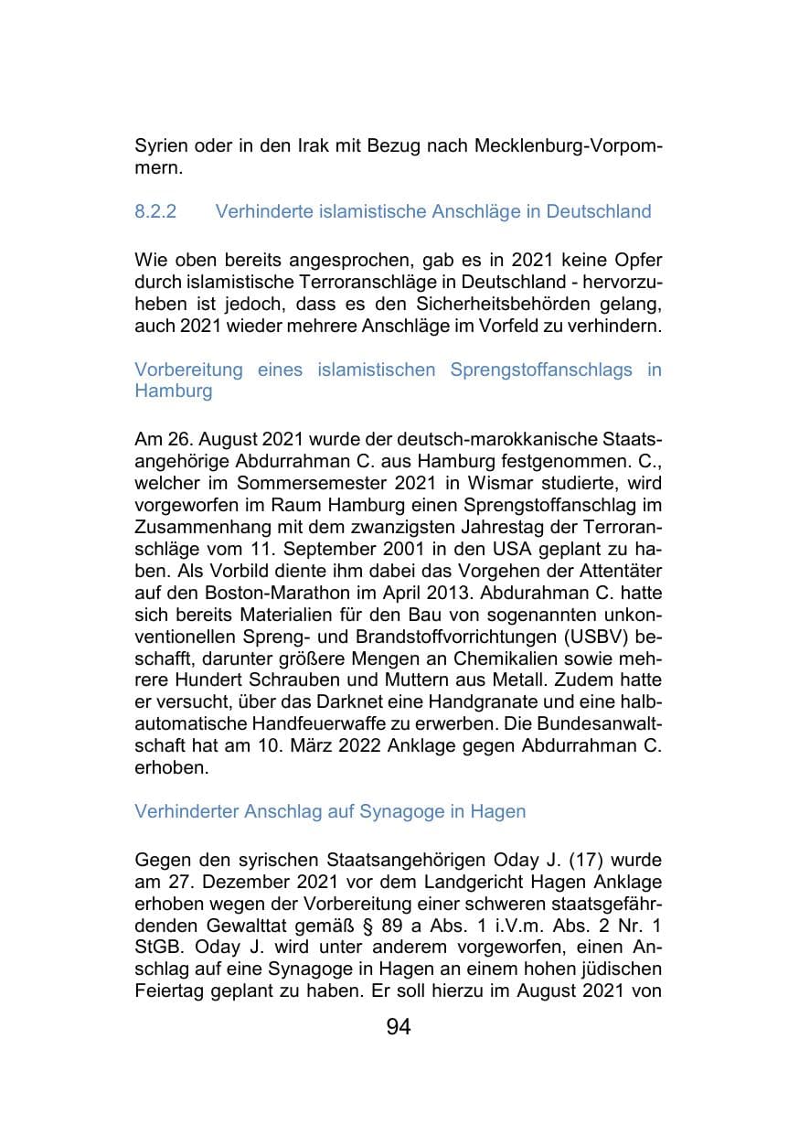 Seite 98 des Verfassungsschutzbericht 2021 Mecklenburg-Vorpommern