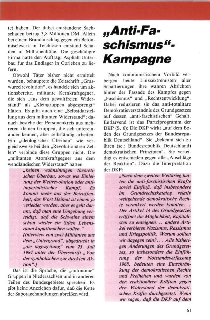 Seite 62 des Verfassungsschutzbericht 1984 Niedersachsen