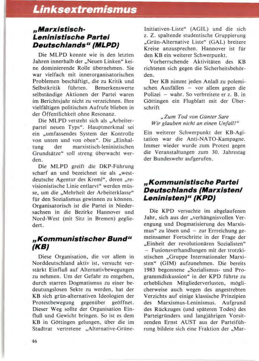Seite 50 des Verfassungsschutzbericht 1985 Niedersachsen