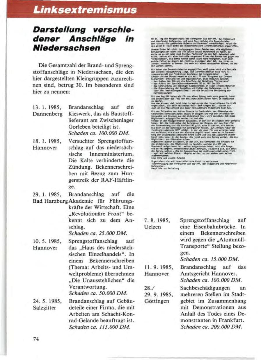 Seite 78 des Verfassungsschutzbericht 1985 Niedersachsen