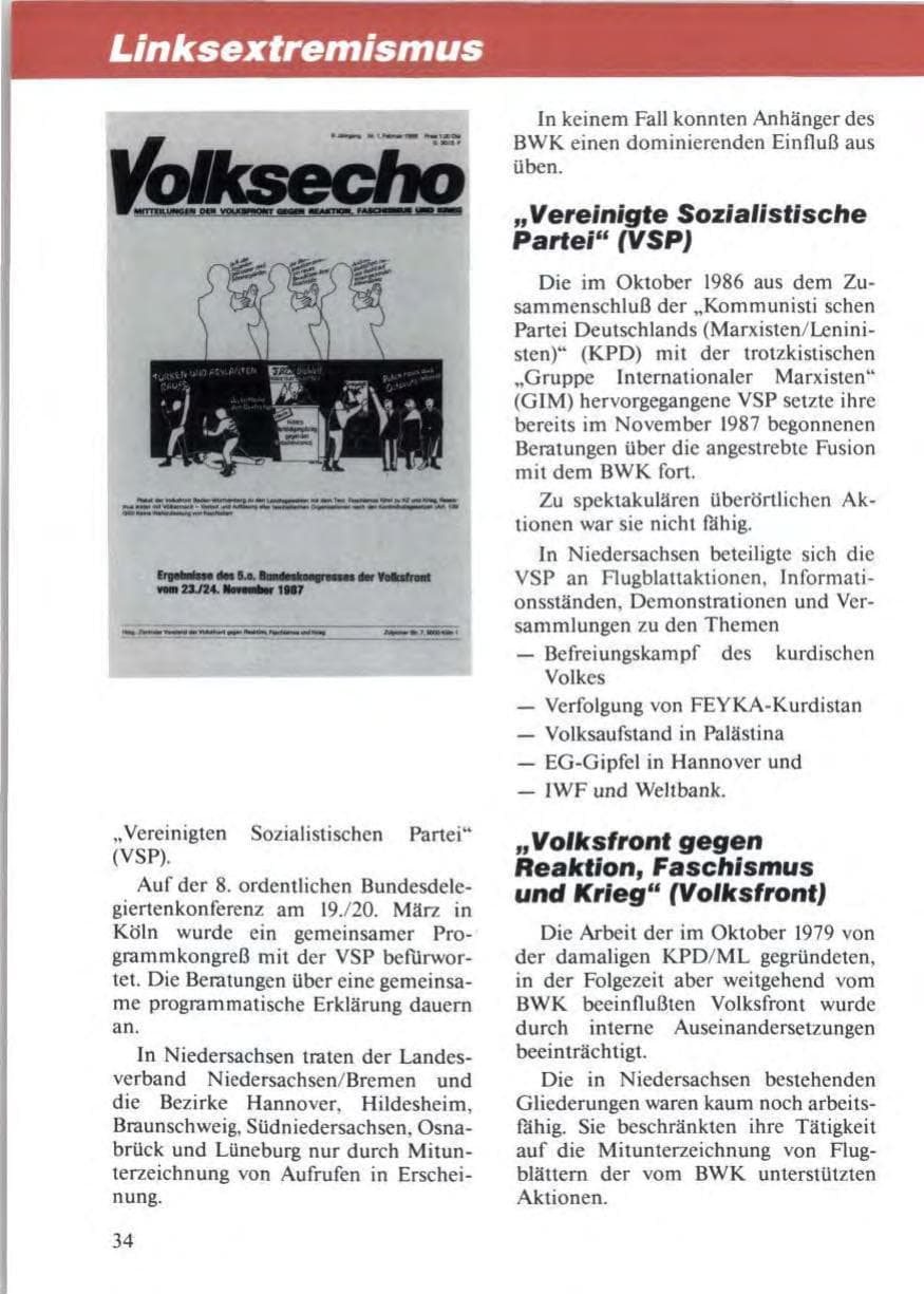 Seite 36 des Verfassungsschutzbericht 1988 Niedersachsen