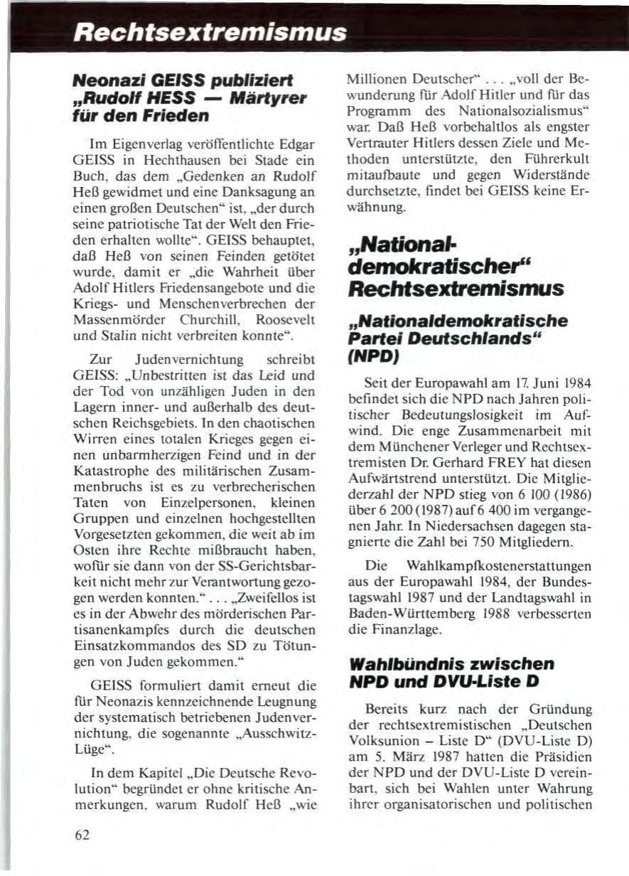 Seite 64 des Verfassungsschutzbericht 1988 Niedersachsen