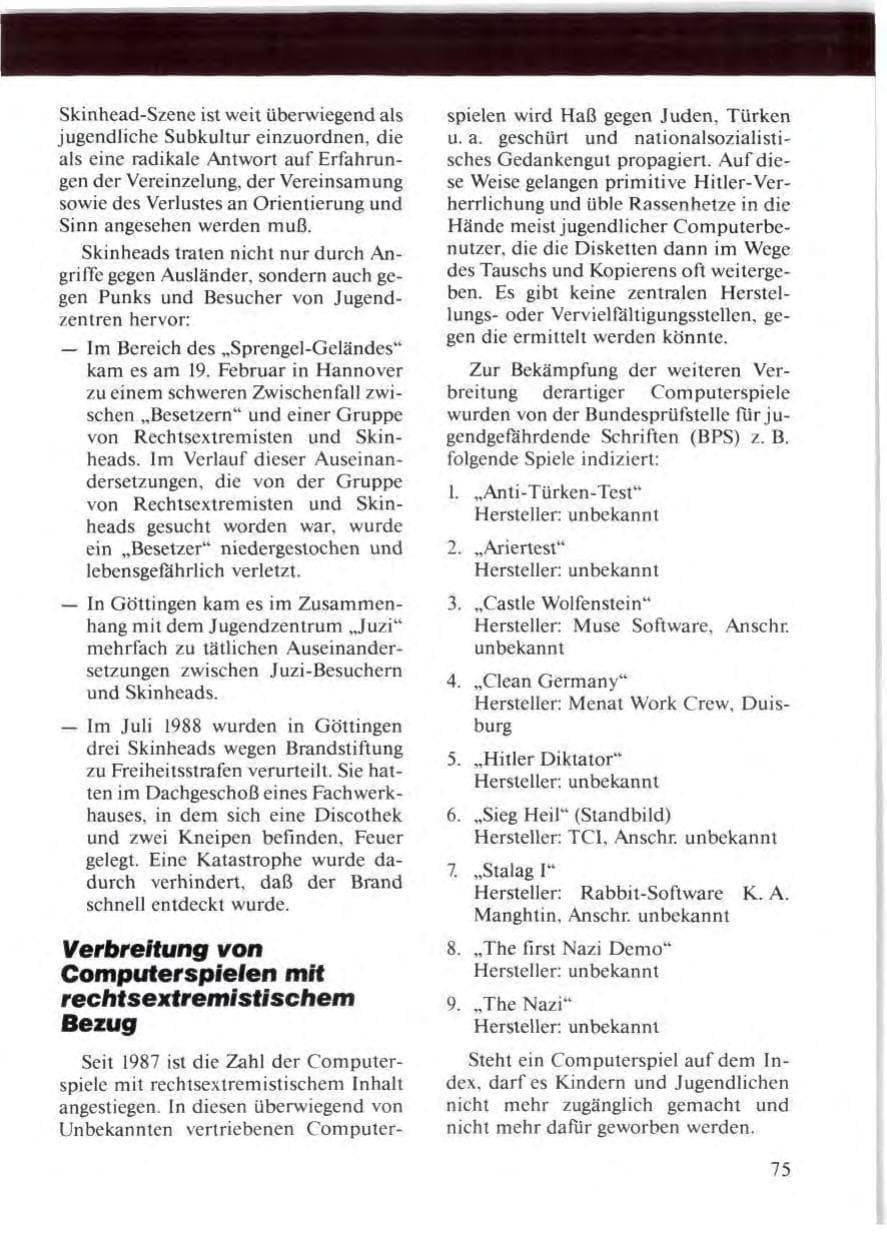Seite 77 des Verfassungsschutzbericht 1988 Niedersachsen