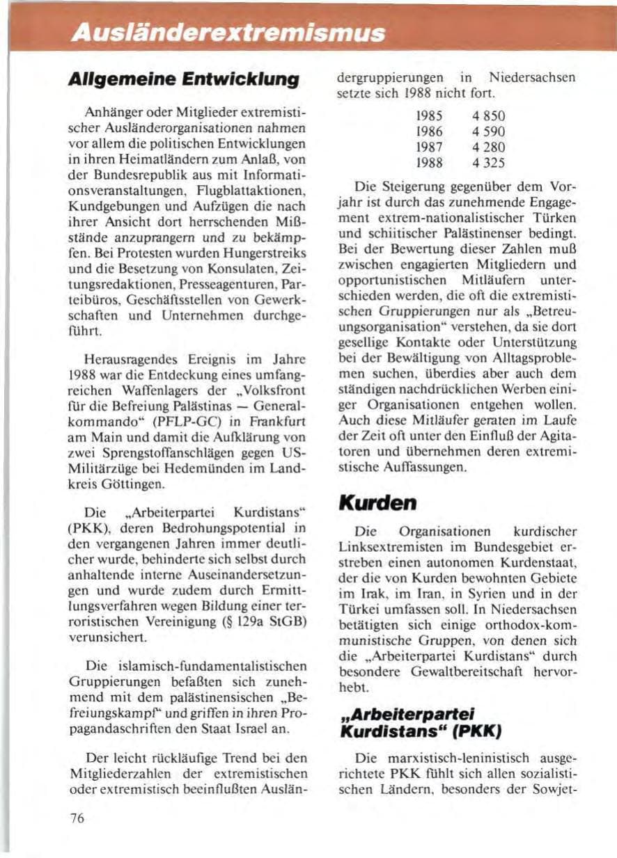 Seite 78 des Verfassungsschutzbericht 1988 Niedersachsen