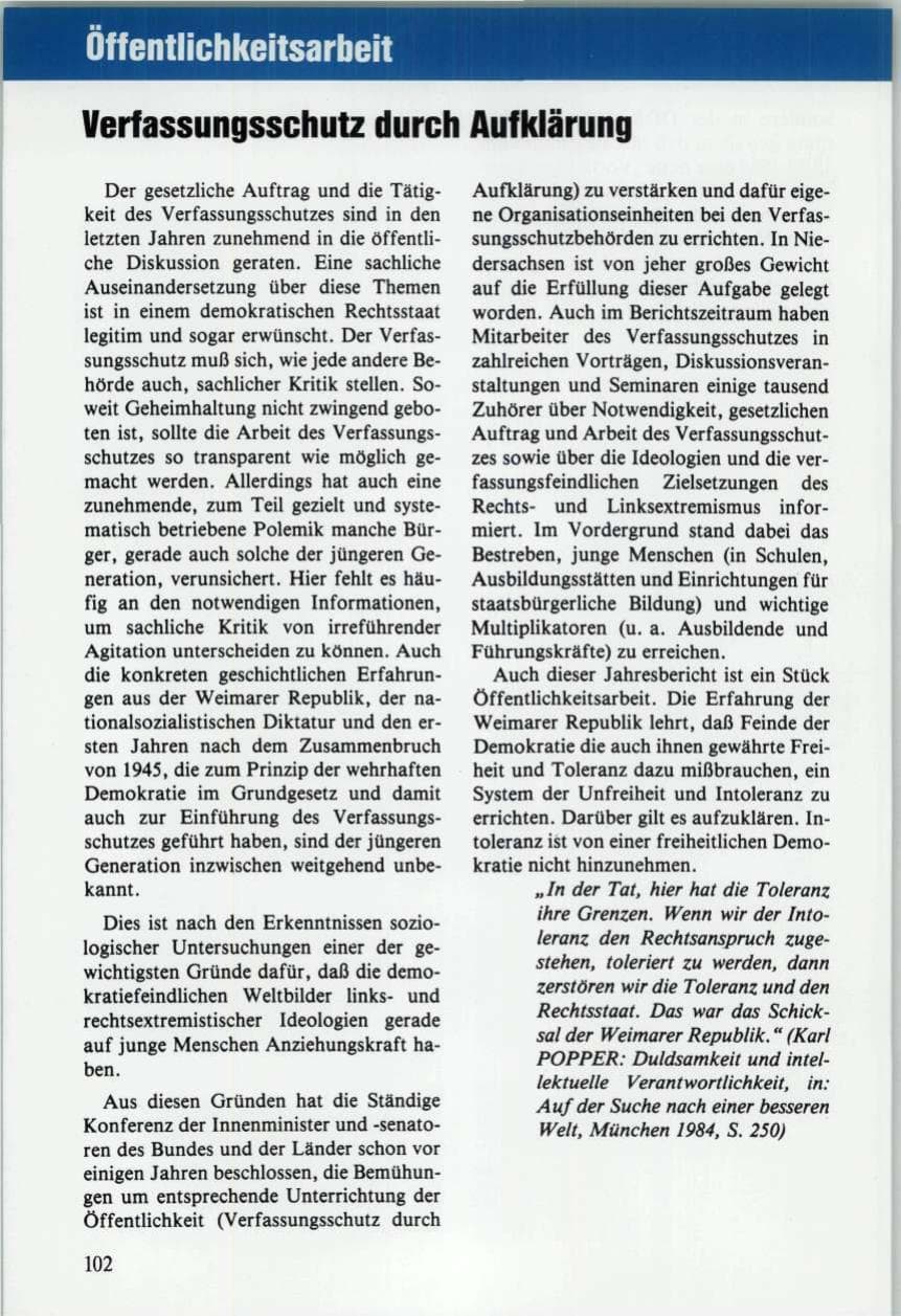 Seite 102 des Verfassungsschutzbericht 1989 Niedersachsen