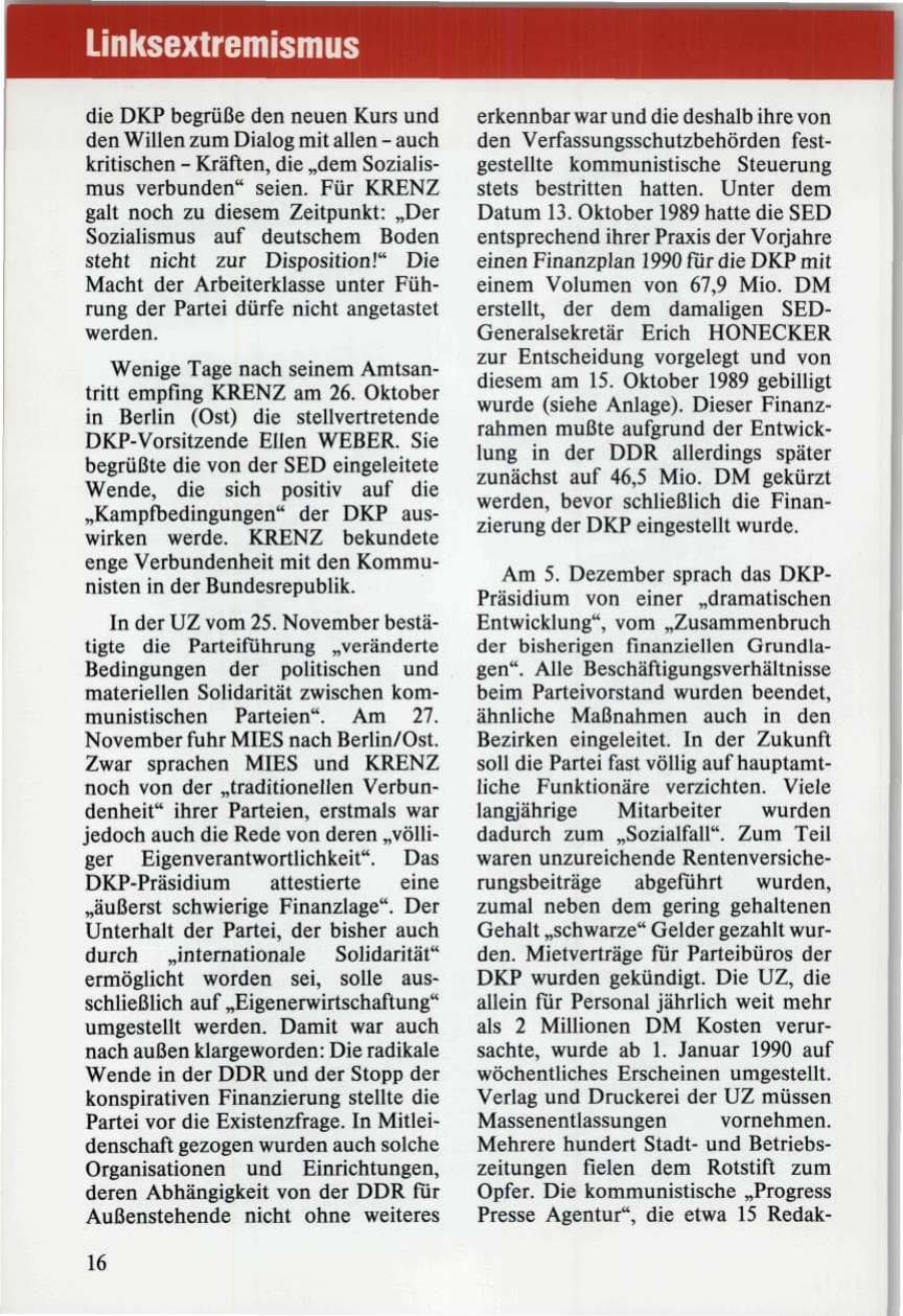 Seite 16 des Verfassungsschutzbericht 1989 Niedersachsen
