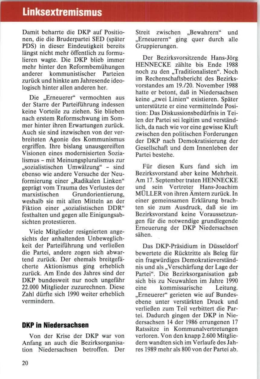 Seite 20 des Verfassungsschutzbericht 1989 Niedersachsen