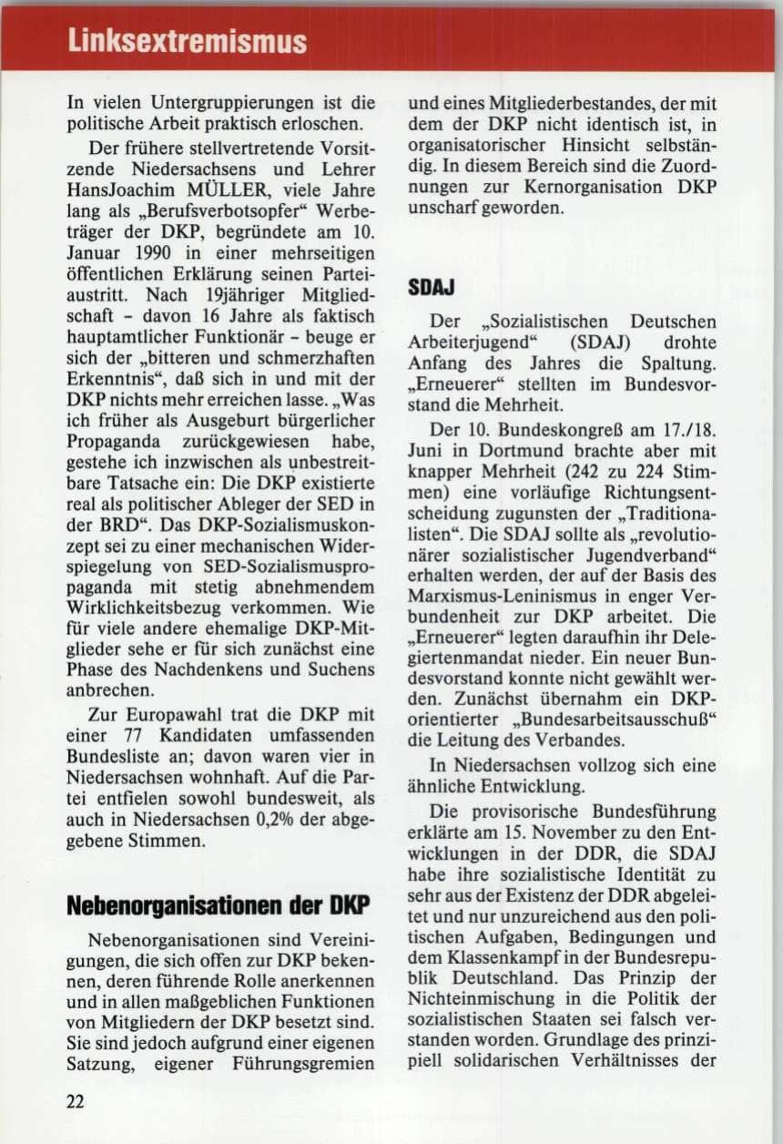 Seite 22 des Verfassungsschutzbericht 1989 Niedersachsen