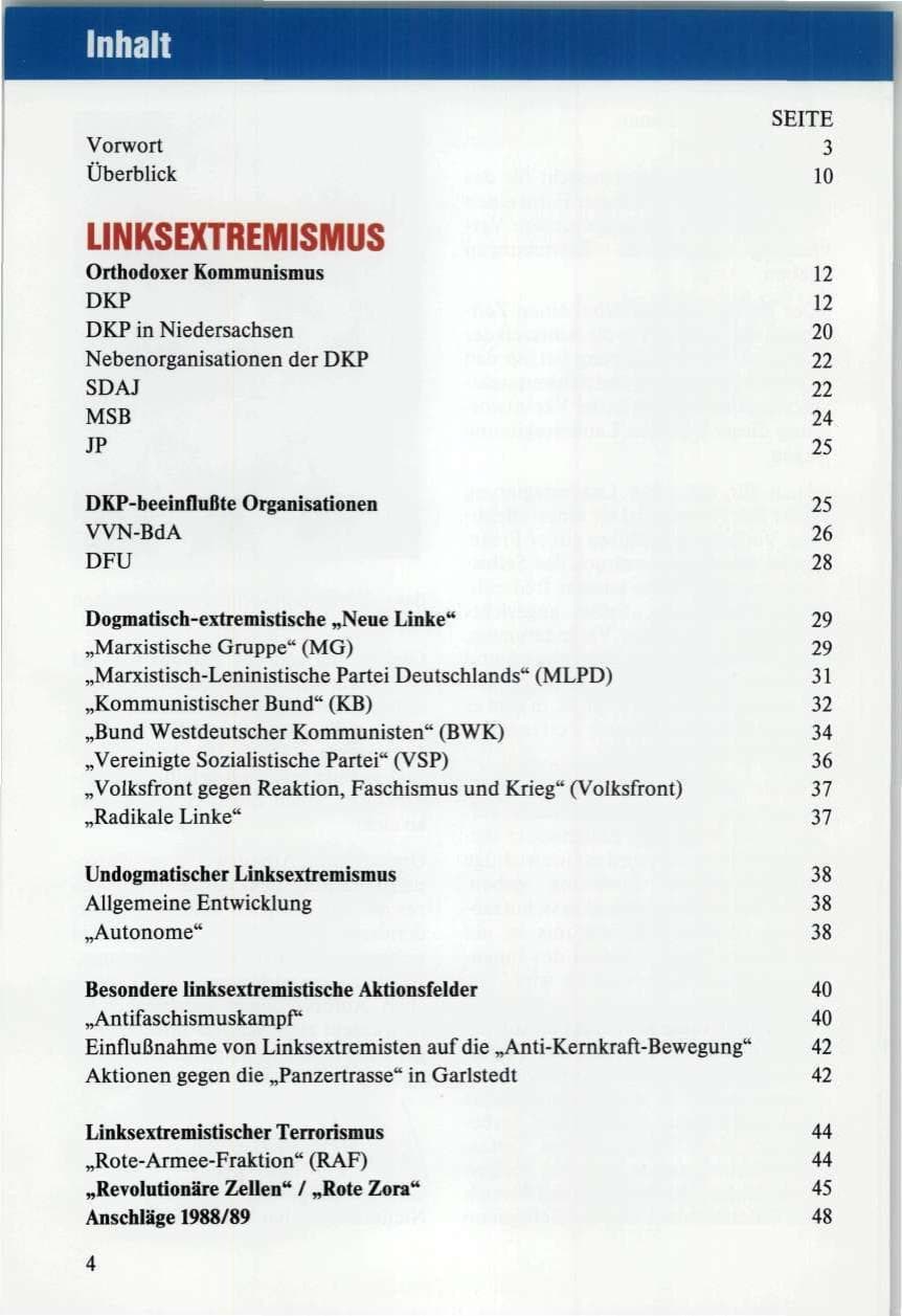 Seite 4 des Verfassungsschutzbericht 1989 Niedersachsen