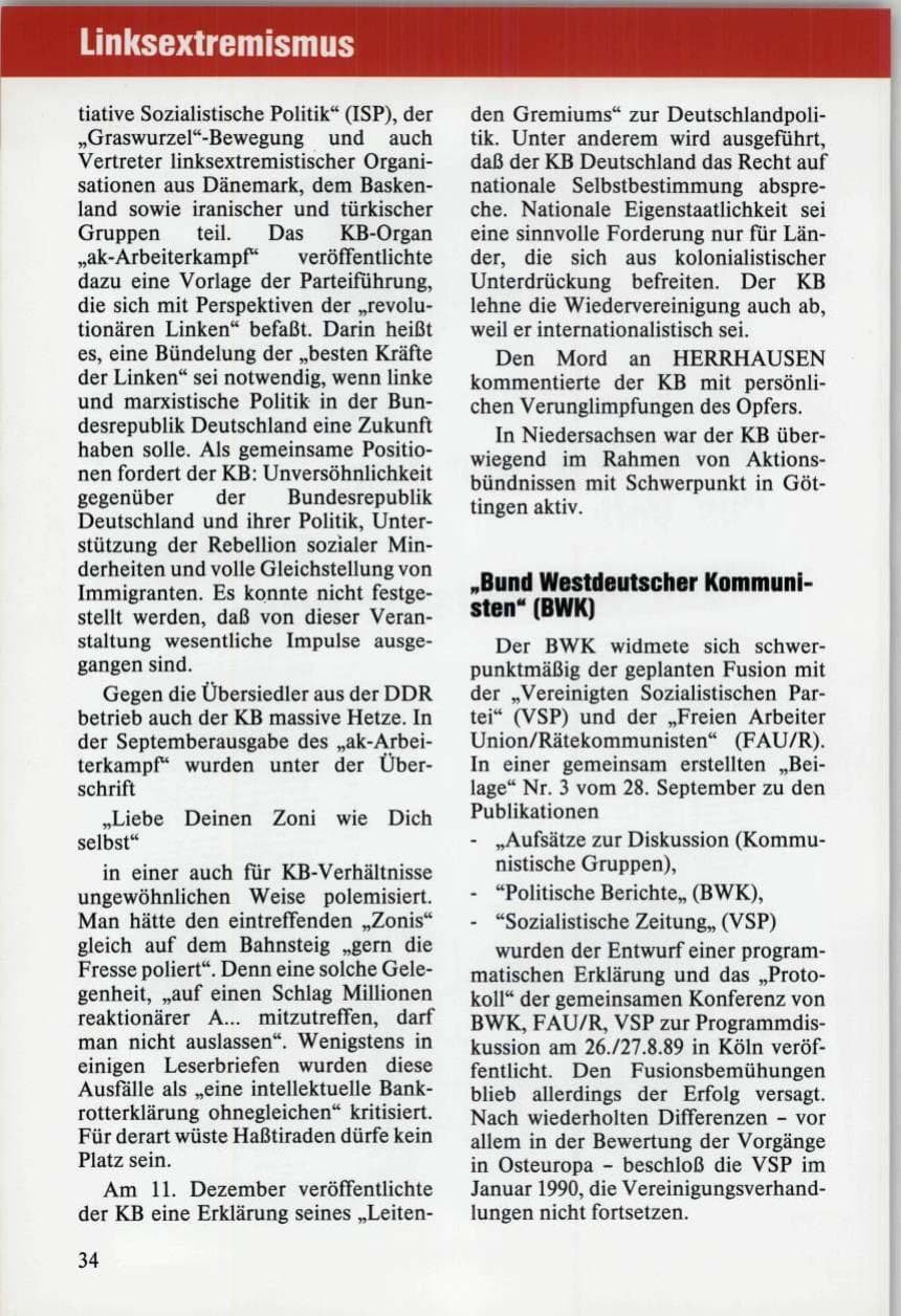 Seite 34 des Verfassungsschutzbericht 1989 Niedersachsen