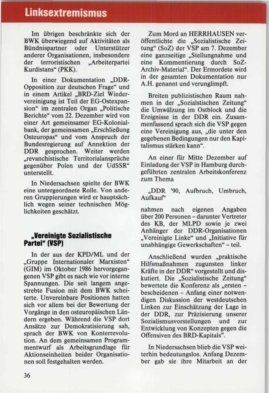 Seite 36 des Verfassungsschutzbericht 1989 Niedersachsen