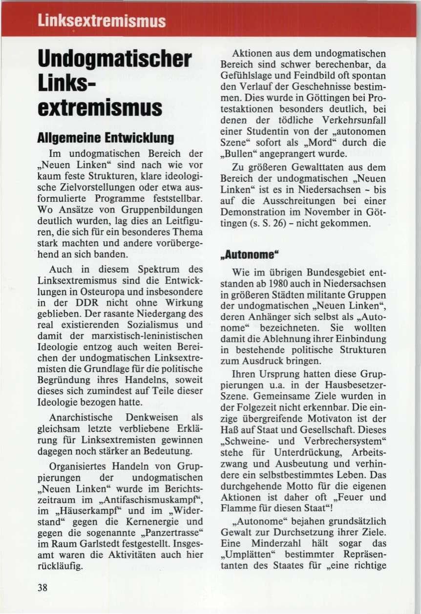Seite 38 des Verfassungsschutzbericht 1989 Niedersachsen