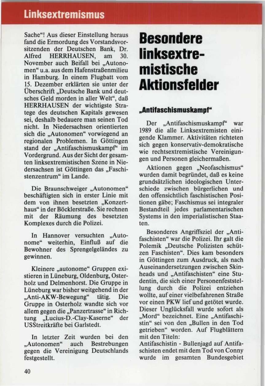 Seite 40 des Verfassungsschutzbericht 1989 Niedersachsen