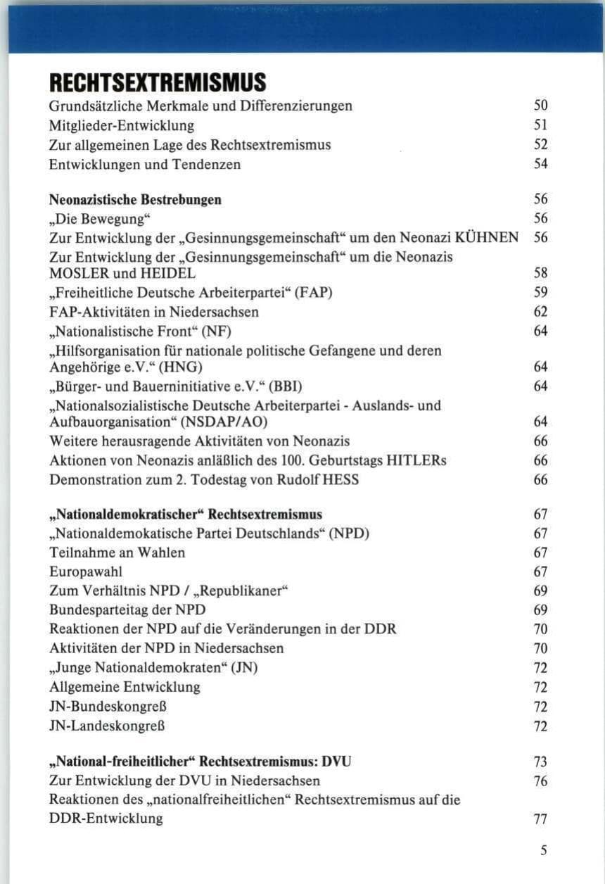 Seite 5 des Verfassungsschutzbericht 1989 Niedersachsen