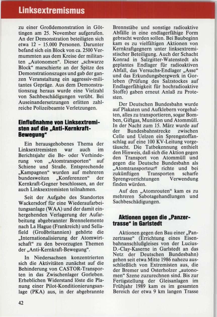 Seite 42 des Verfassungsschutzbericht 1989 Niedersachsen
