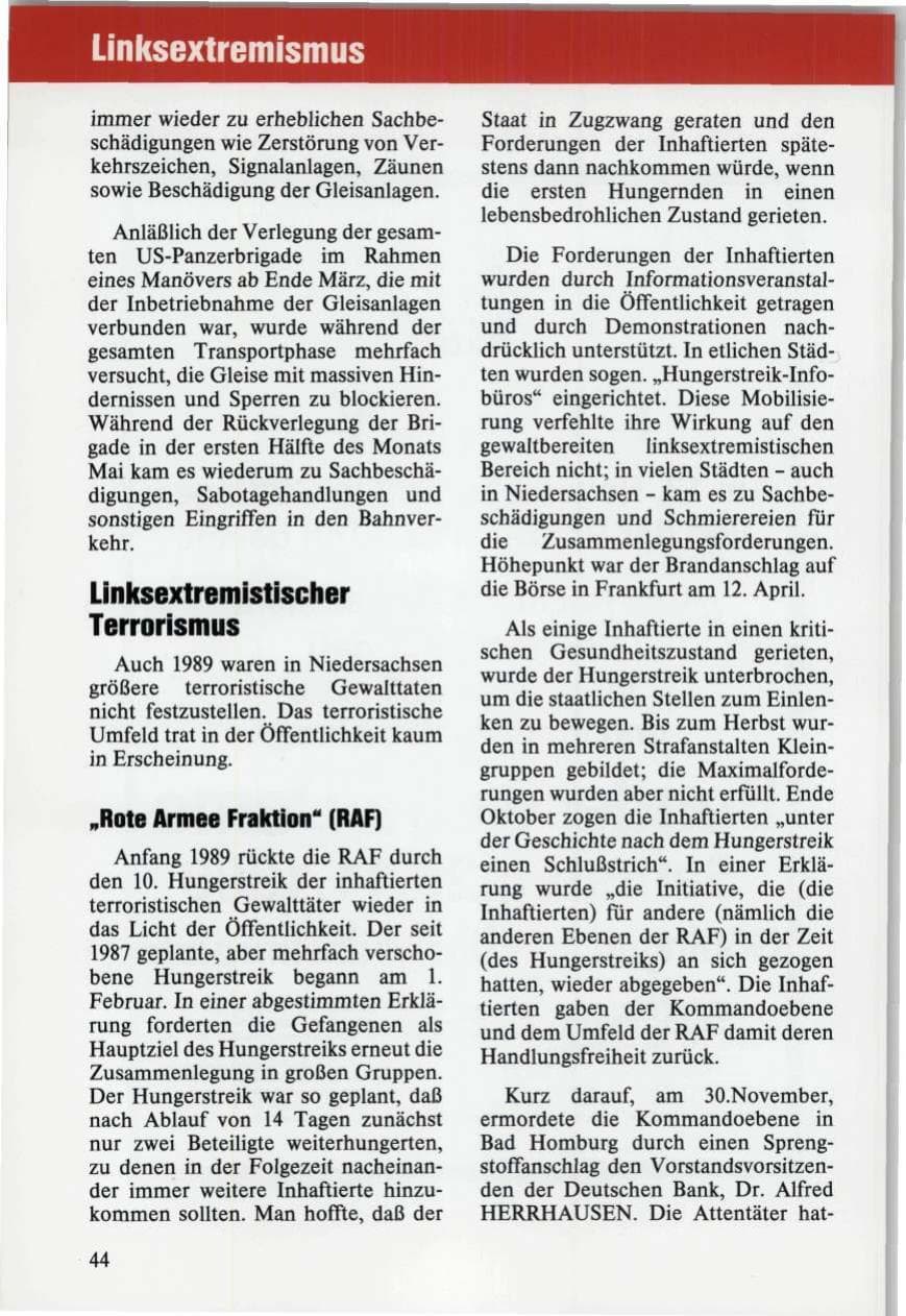 Seite 44 des Verfassungsschutzbericht 1989 Niedersachsen