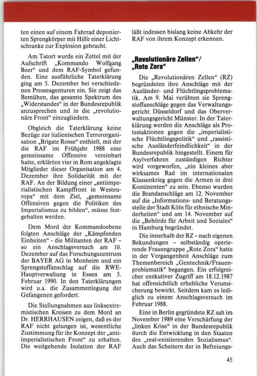 Seite 45 des Verfassungsschutzbericht 1989 Niedersachsen