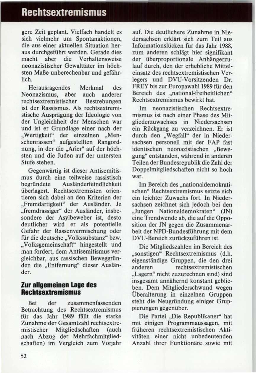 Seite 52 des Verfassungsschutzbericht 1989 Niedersachsen