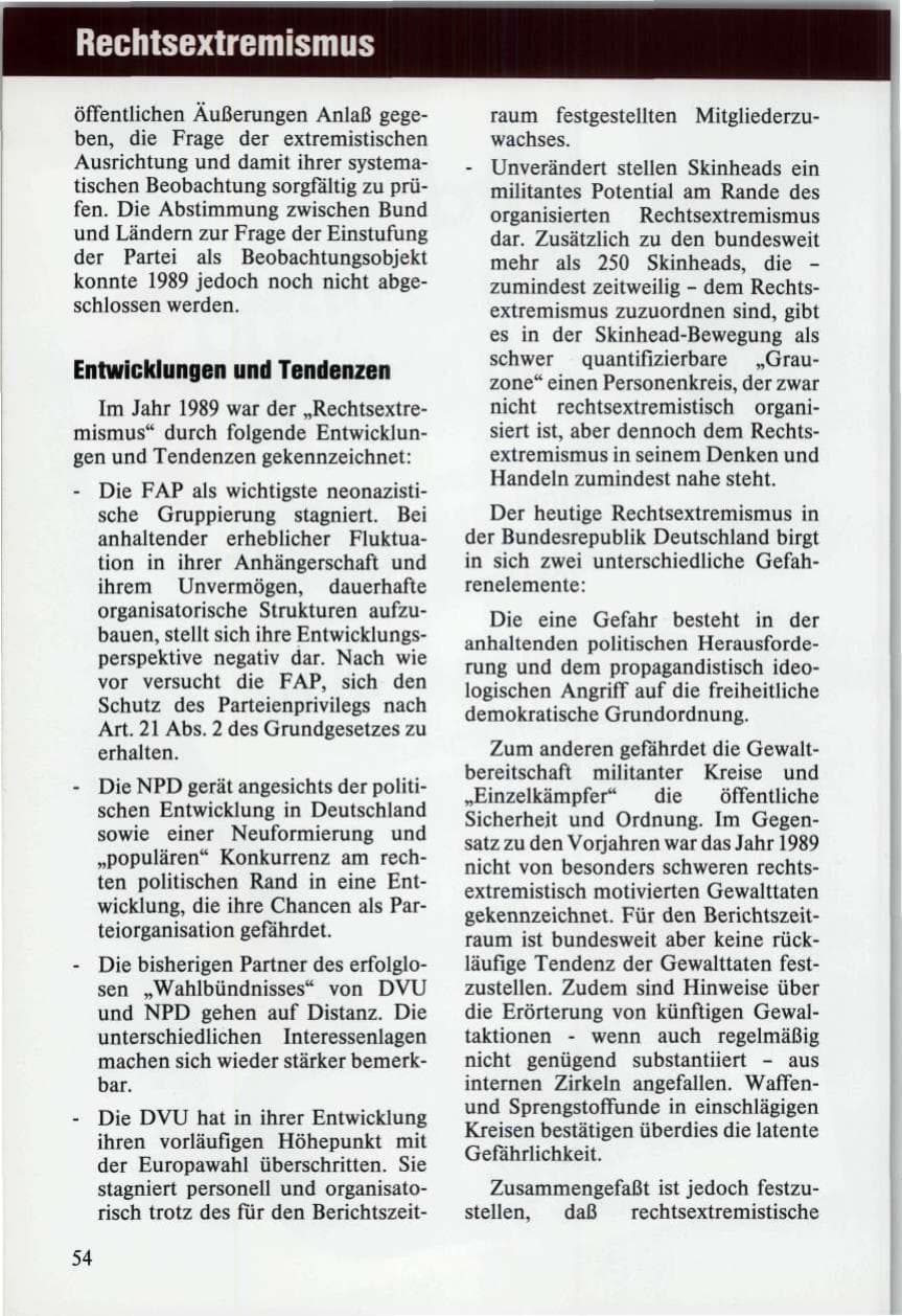 Seite 54 des Verfassungsschutzbericht 1989 Niedersachsen