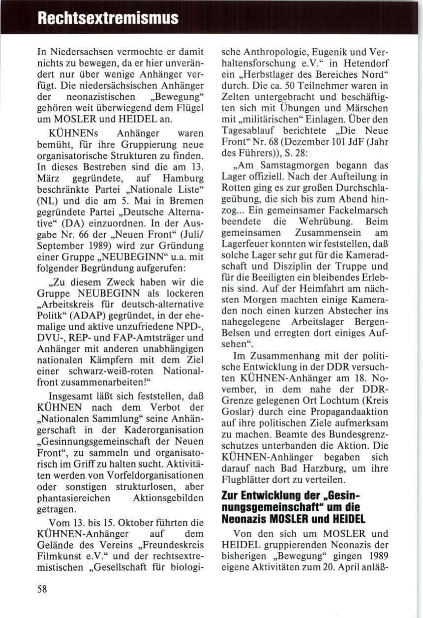 Seite 58 des Verfassungsschutzbericht 1989 Niedersachsen