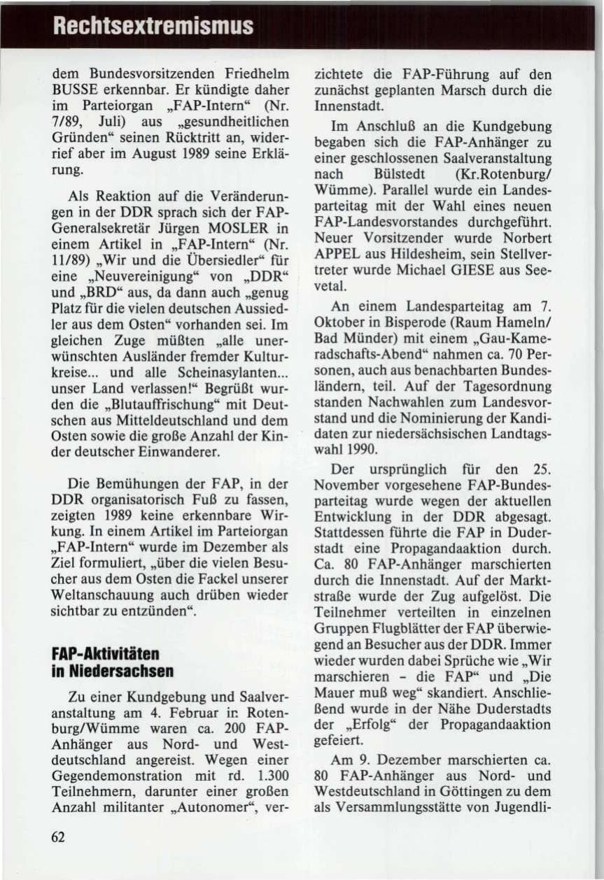 Seite 62 des Verfassungsschutzbericht 1989 Niedersachsen