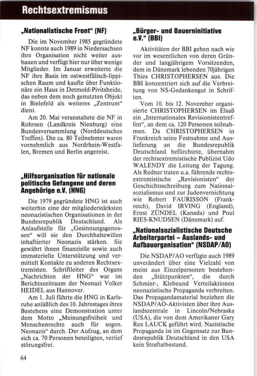 Seite 64 des Verfassungsschutzbericht 1989 Niedersachsen