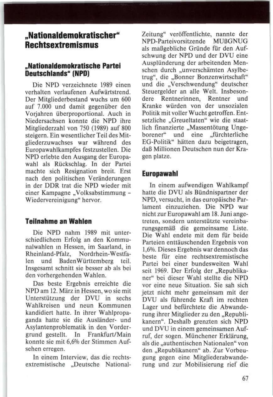 Seite 67 des Verfassungsschutzbericht 1989 Niedersachsen