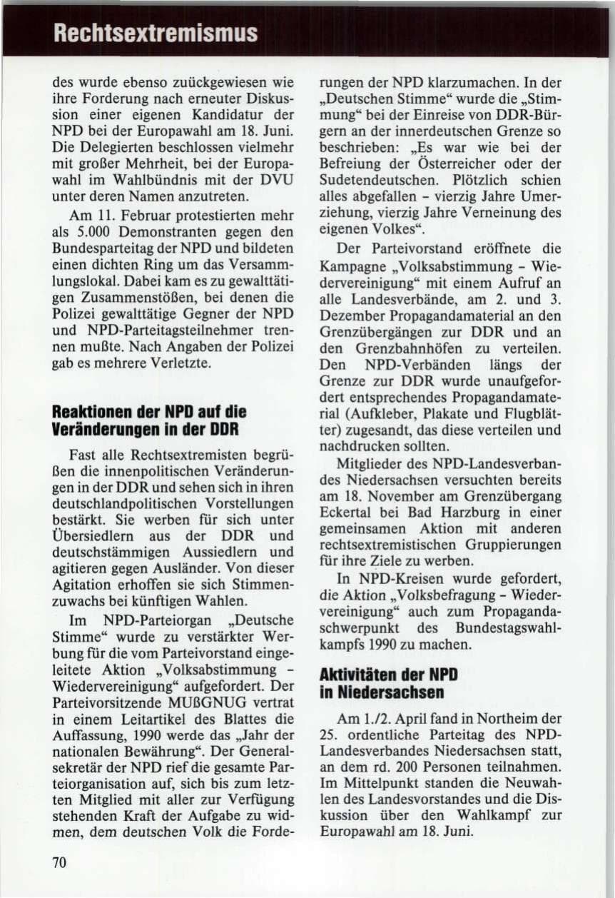 Seite 70 des Verfassungsschutzbericht 1989 Niedersachsen