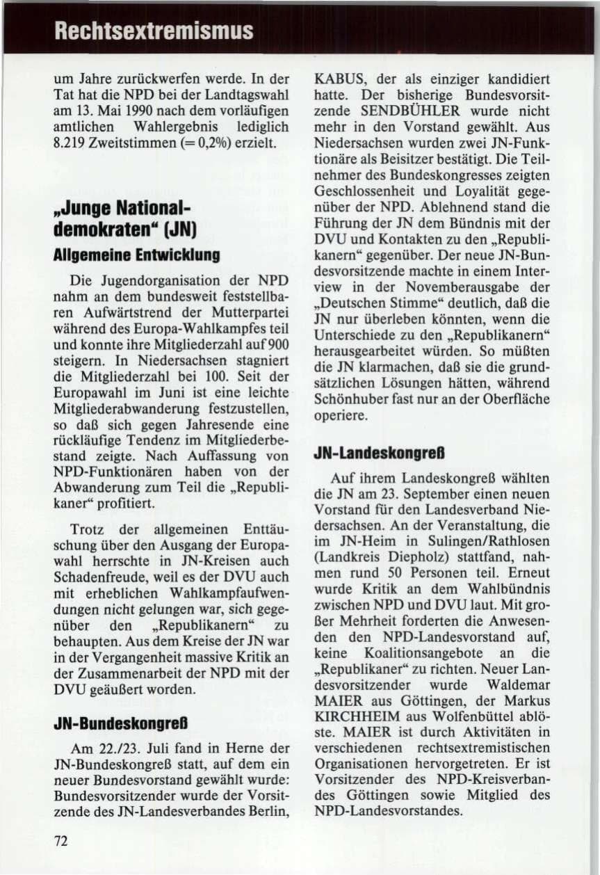 Seite 72 des Verfassungsschutzbericht 1989 Niedersachsen