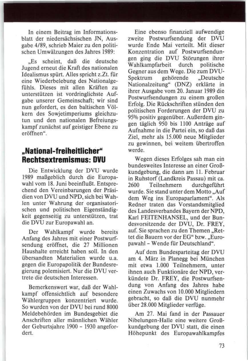 Seite 73 des Verfassungsschutzbericht 1989 Niedersachsen