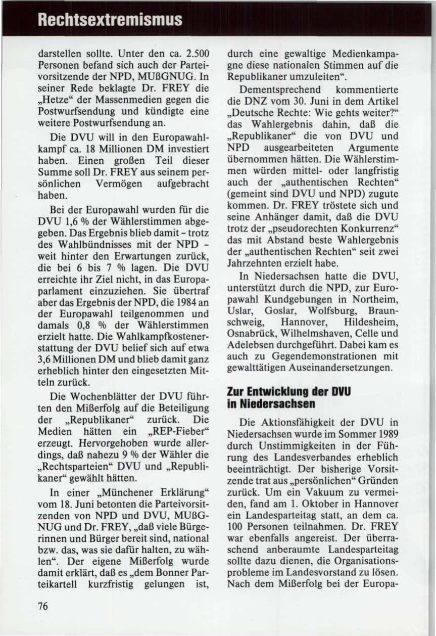 Seite 76 des Verfassungsschutzbericht 1989 Niedersachsen