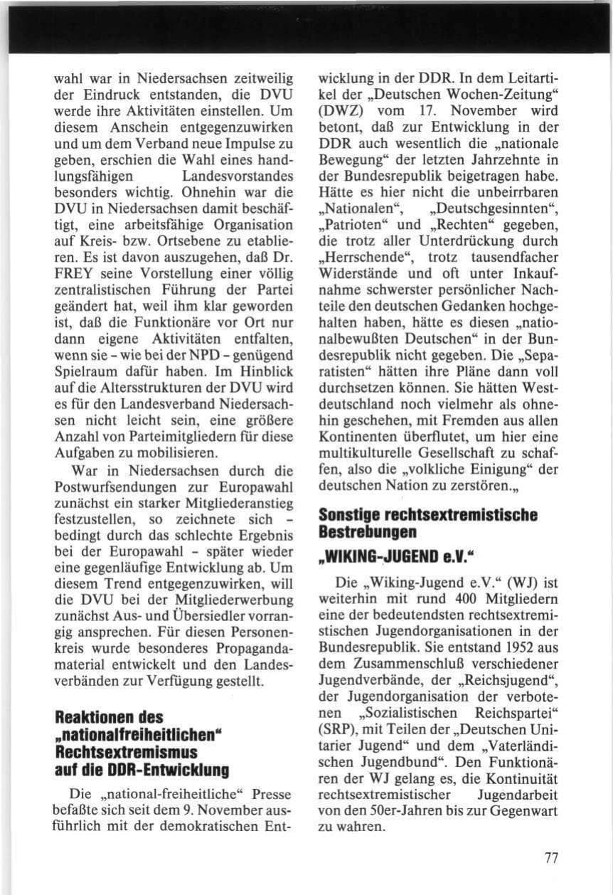 Seite 77 des Verfassungsschutzbericht 1989 Niedersachsen